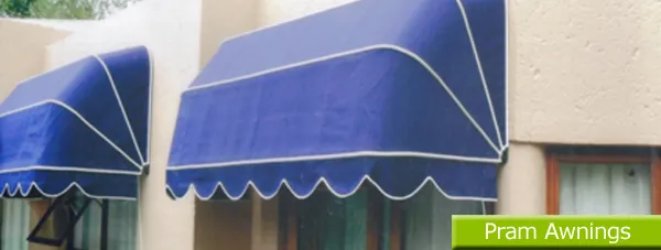 Curved pram awning in striped canvas that folds back flat against the wall